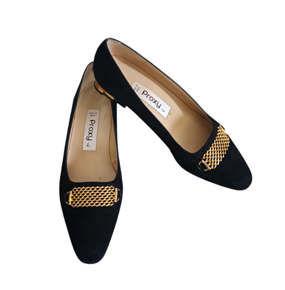 PROXY SPAIN black Suede Gold Accent Loafers Slip On Shoes Pumps Size 8 M